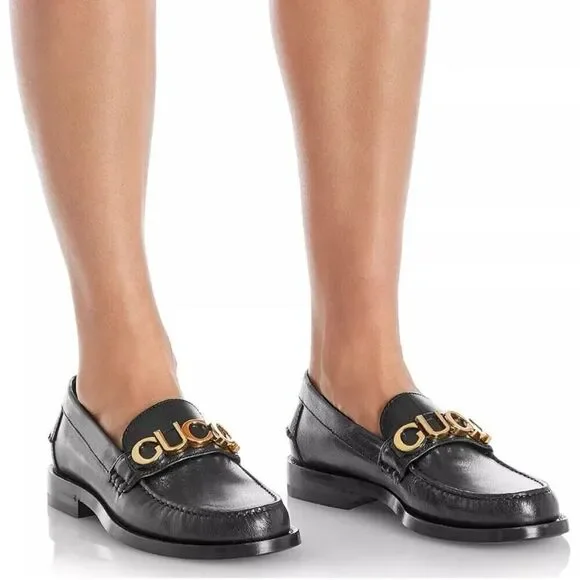 GUCCI Cara Signature Letters Logo Black Loafers Size 37.5 Leather Flat Shoes - Picture 14 of 14